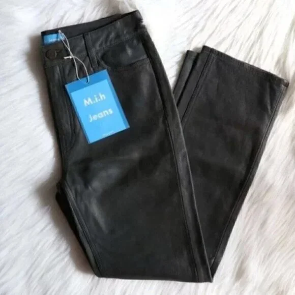 NWT Anthropologie Green Black High Rise Straight Leg Lamb Leather Pants Size 25